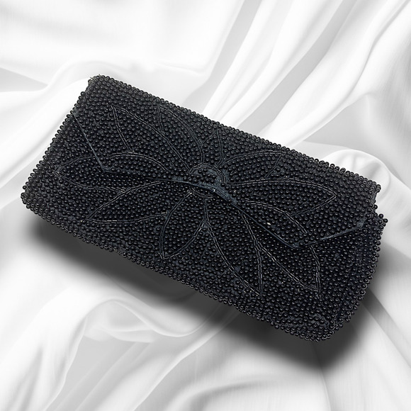Vintage La Regale Japan Black Beaded Sequin Evening Bag Clutch Floral Pouch READ - Picture 1 of 8